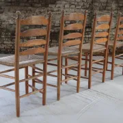 Set of 4 old Dutch oak ladderback chairs with rush seats – 1960s