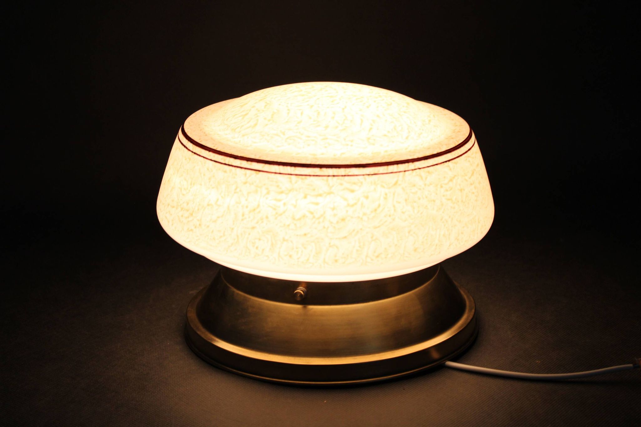 1930s Art Deco brass ceiling light with opaline glass shade, Czechoslovakia, Res