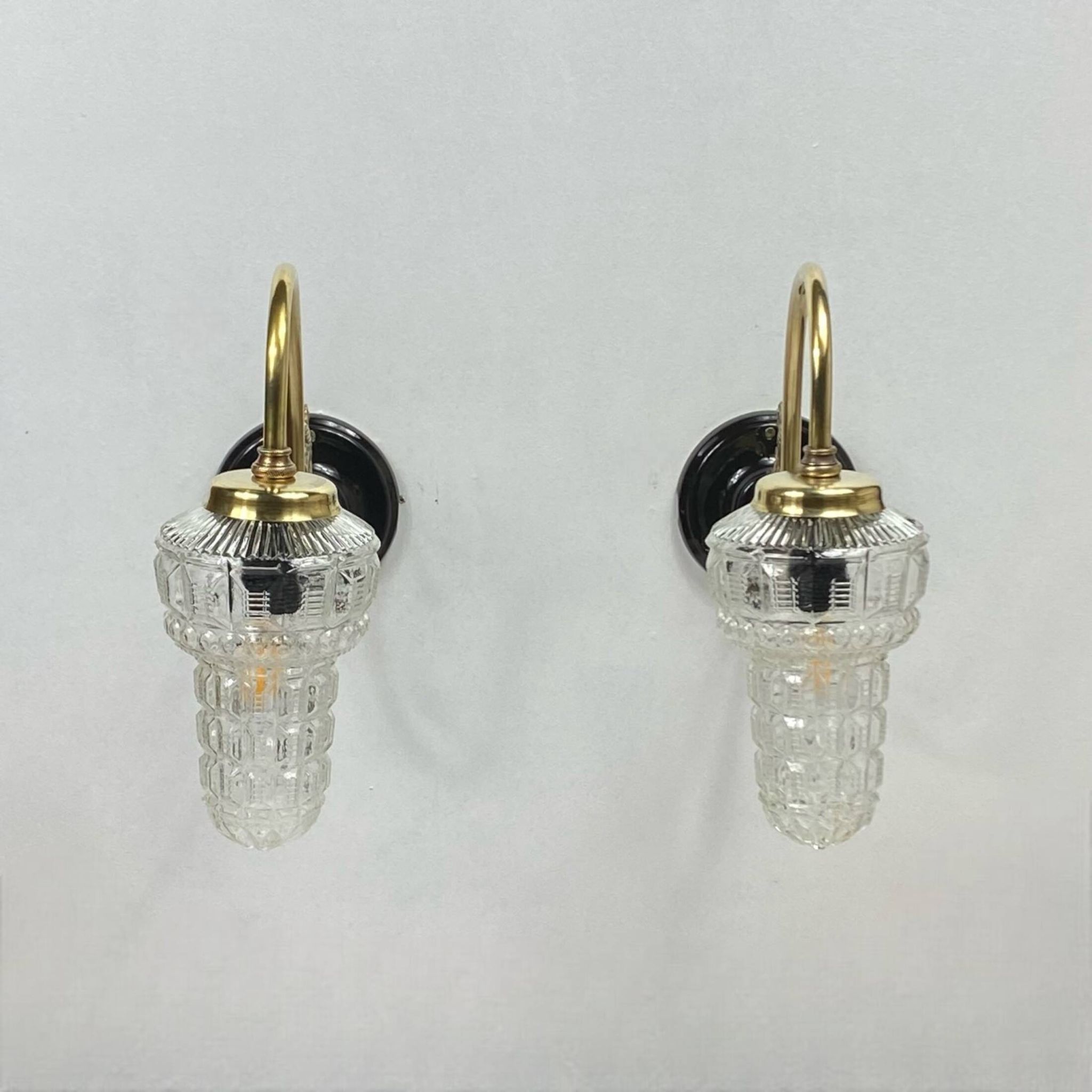 Large pair of old wall lights globe glass swan neck brass rosette porcelain LAMP-7169