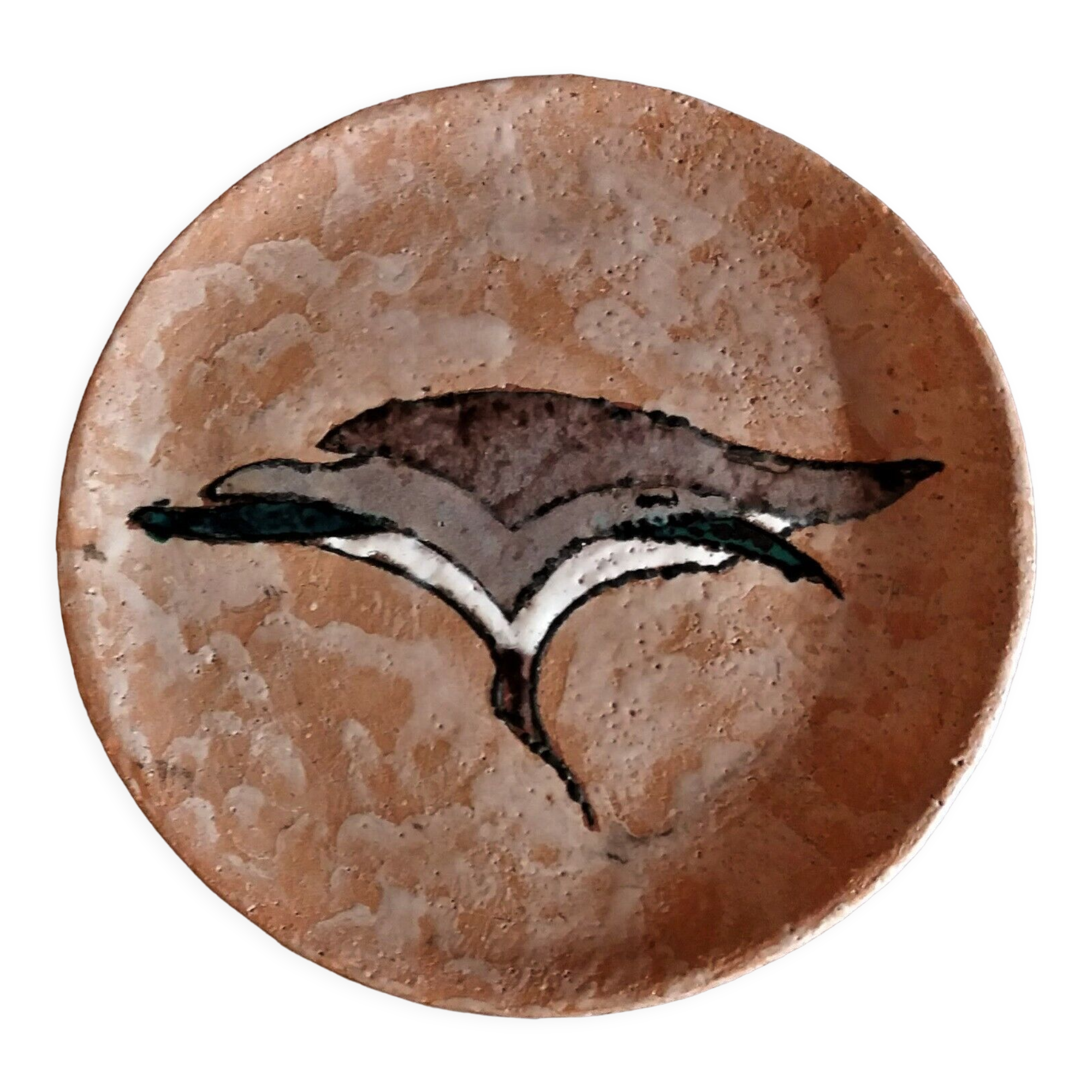 Vintage glazed terracotta ceramic plate signed Olivier