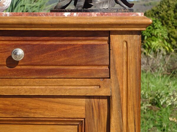 Ancienne table de chevet style Louis XVI en noyer, dessus marbre