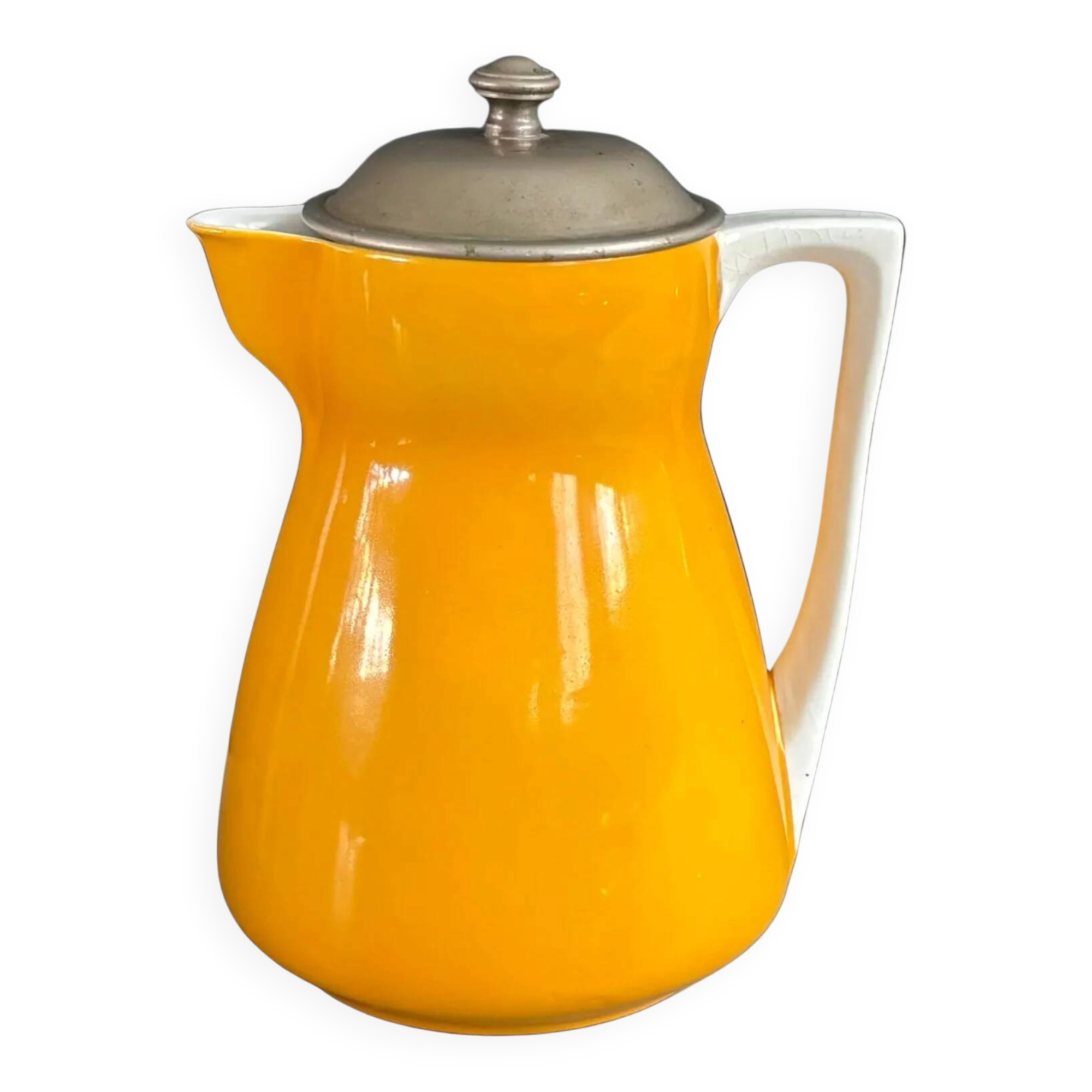 Antique teapot in earthenware with a tin filter lid.