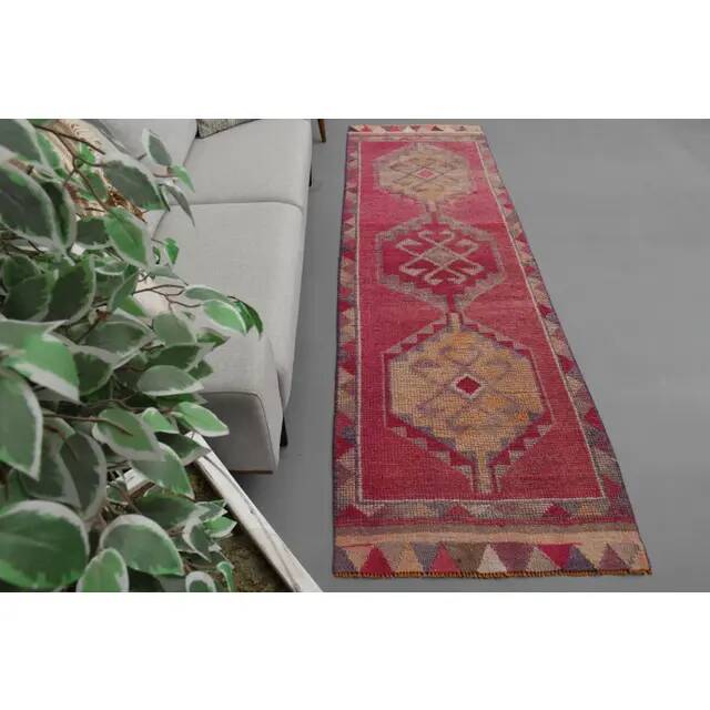 Vintage Turkish Hand-Knotted Wool Cotton Pink Runner Rug 95x309