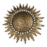 Golden Sunburst Ceiling or Wall Lamp with Leaf Rays, 1950s