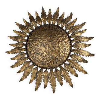 Golden Sunburst Ceiling or Wall Lamp with Leaf Rays, 1950s