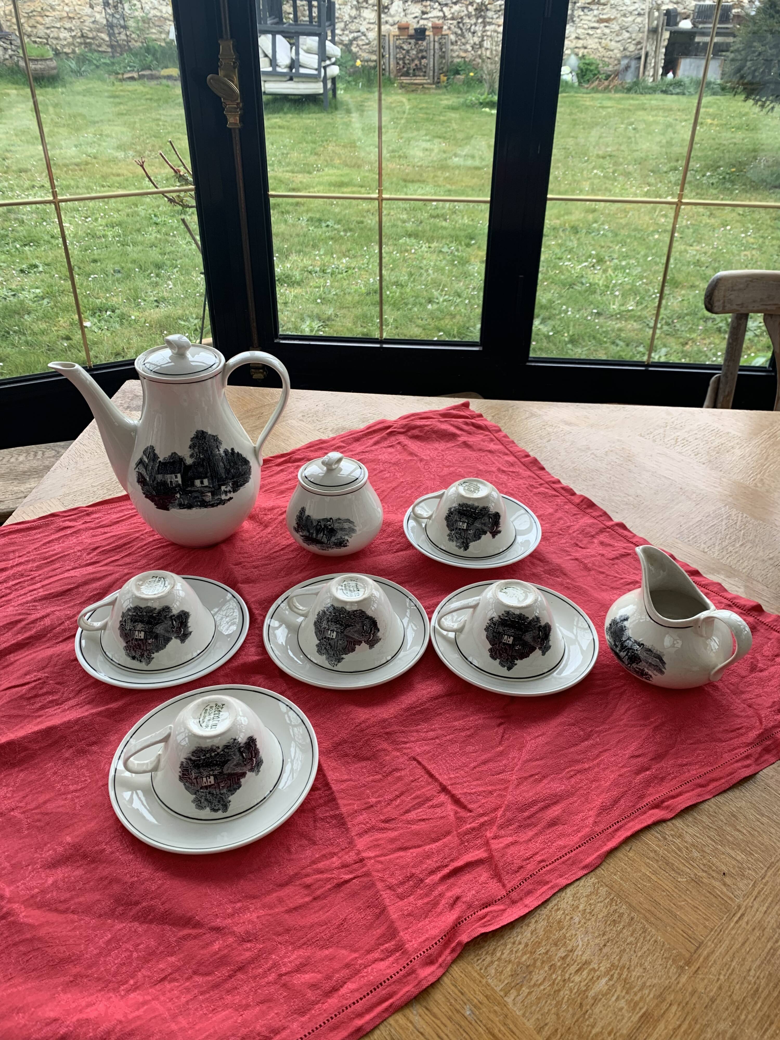 Coffee service keraluX boch Freres Belgium peasant scenes art deco