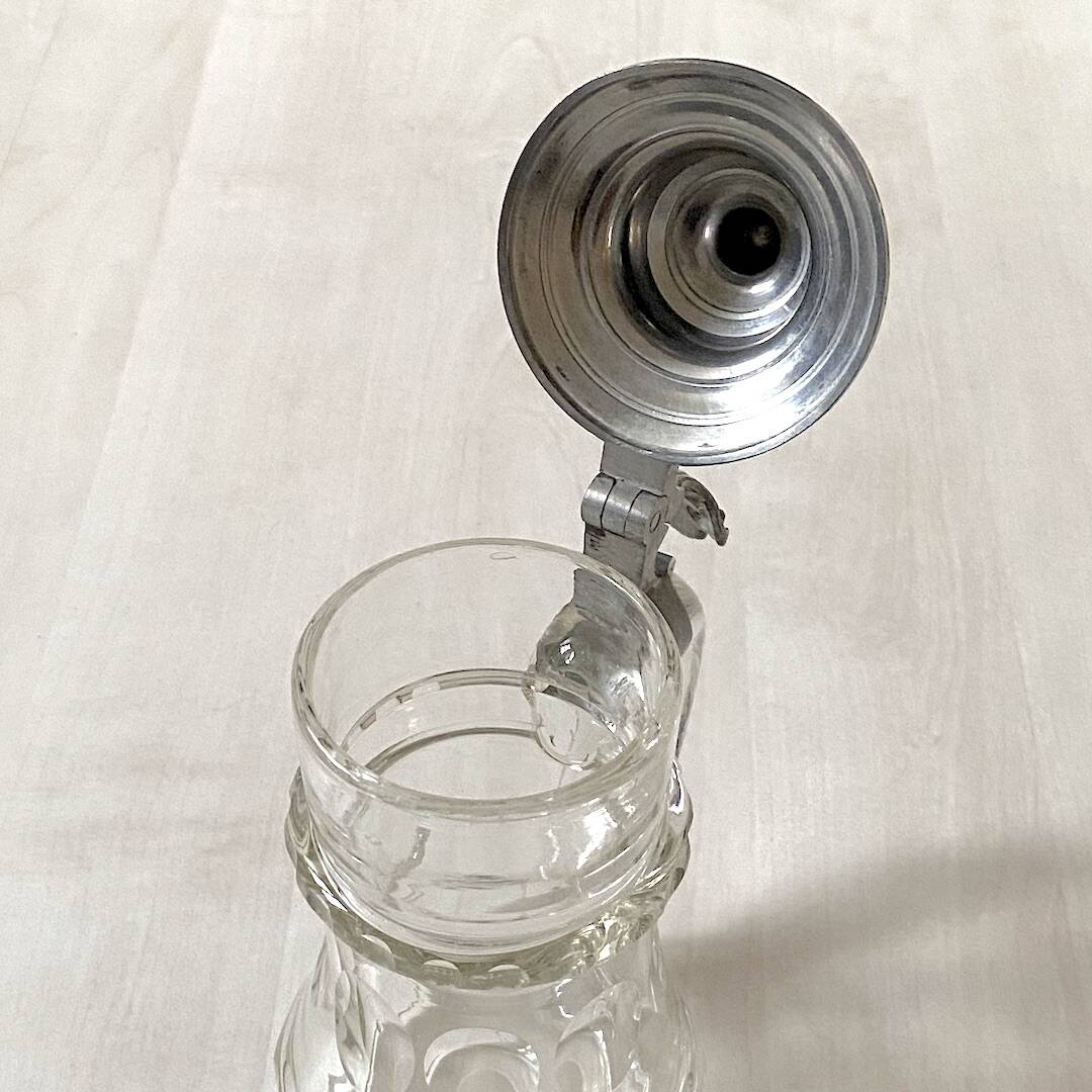 Bohemian crystal beer mug with chiseled pewter lid