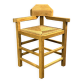 Dutch postmodern brutalist oak corner side chair with rush seat, 1970s