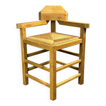 Dutch postmodern brutalist oak corner side chair with rush seat, 1970s