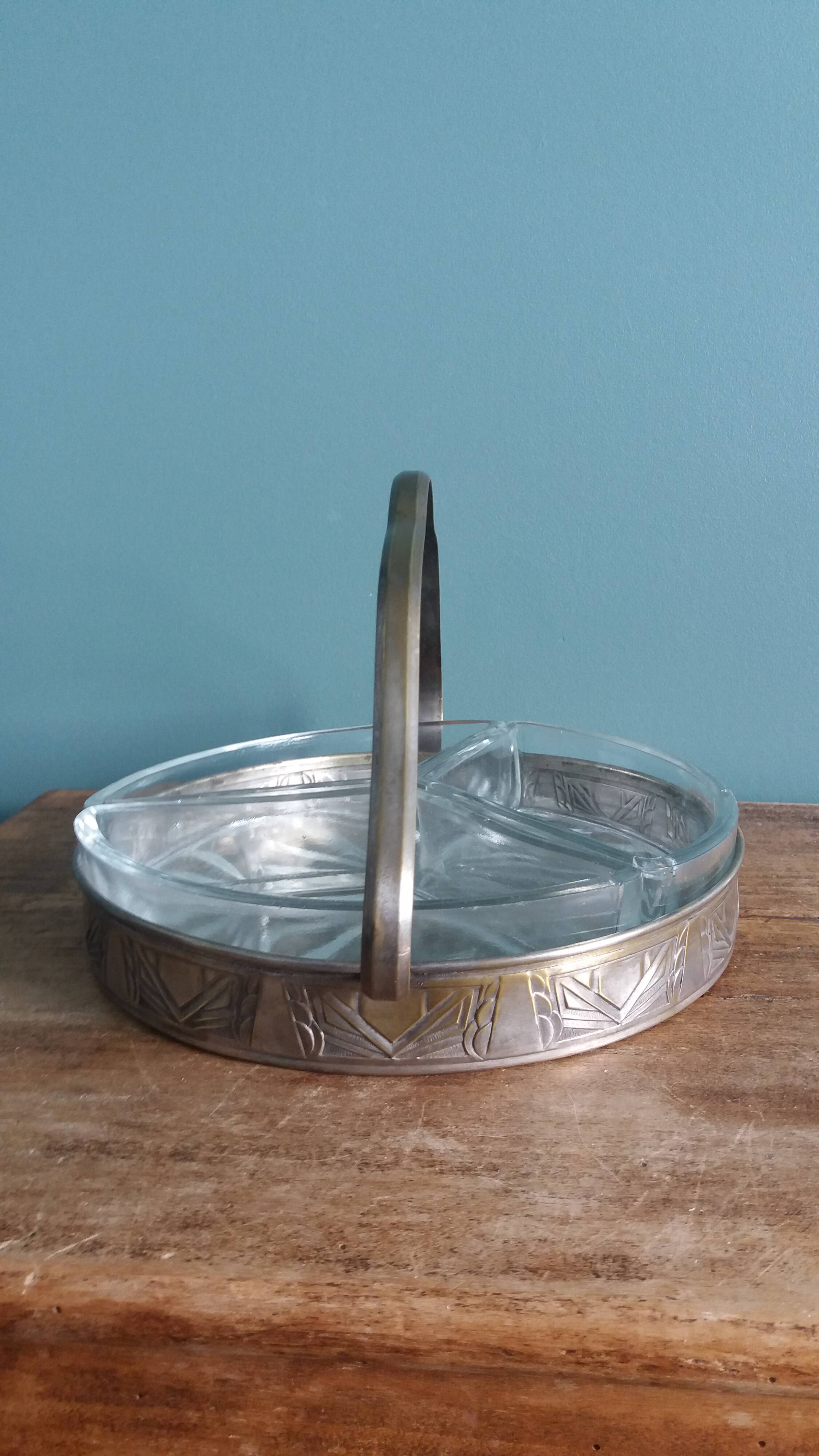 Aperitif platter, metal server and glass ramekins, Art Deco
