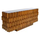 Mid-Century Modern Style Oak Wood and Black Glass Italian Sideboard