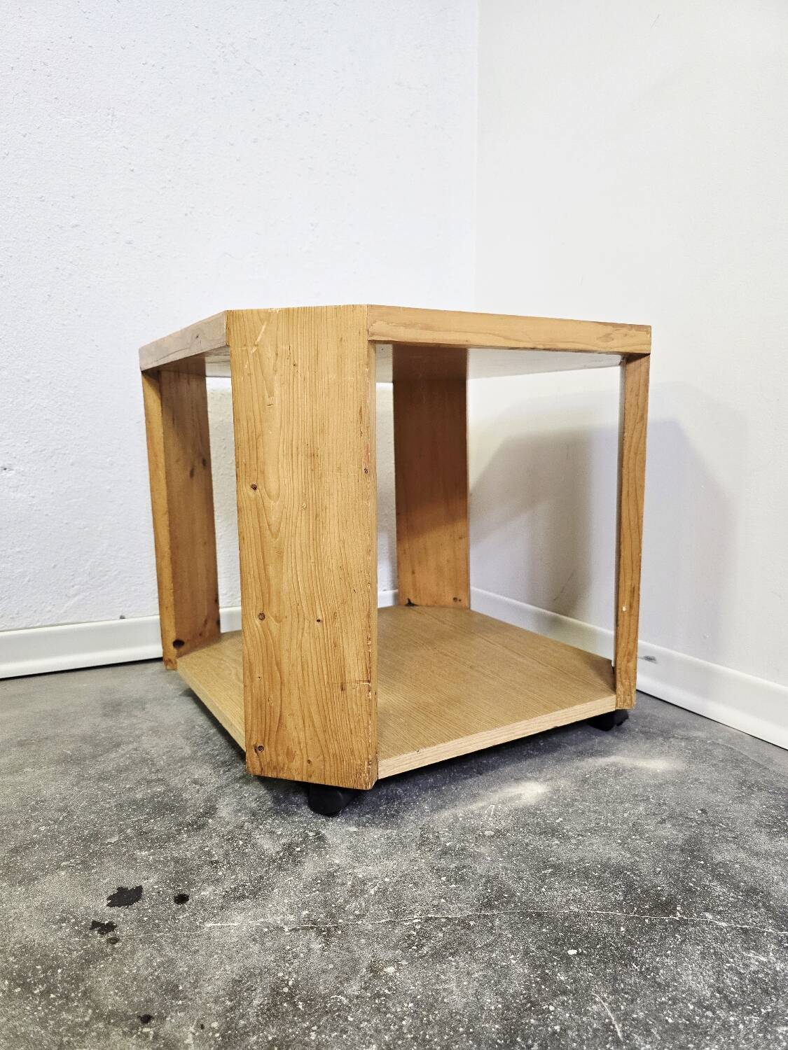 80s Octagonal Wood Accent Table with Glass Top on Casters