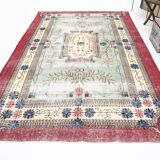 7x11 Rug For Living Room Red Green Bordered Vintage Area Rug, 215x335Cm