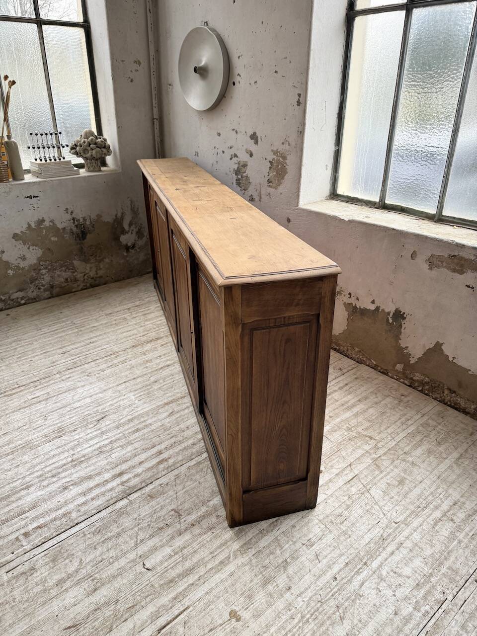 XL oak workshop sideboard with sliding doors from 1900