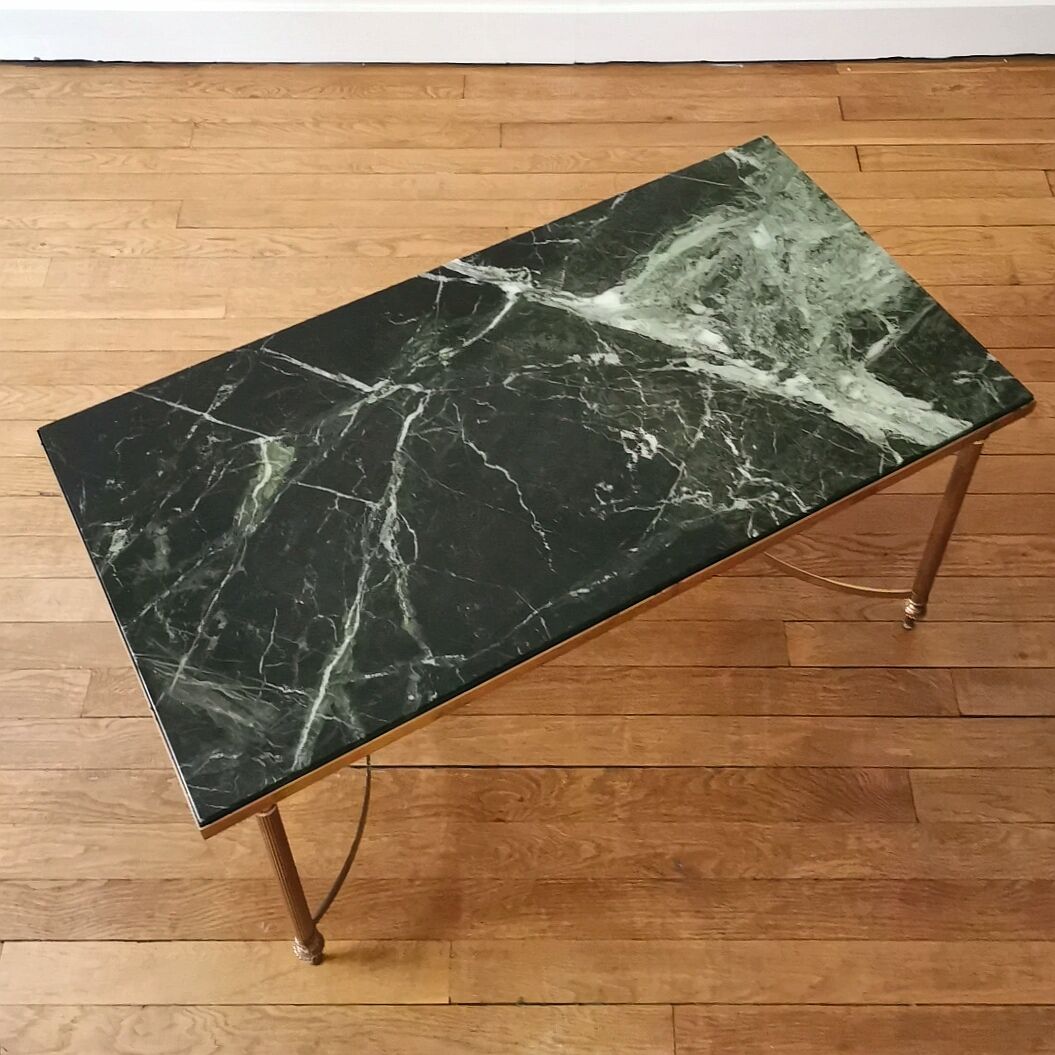 Neoclassical coffee table with Alpine green marble and brass, 1960s/70s.