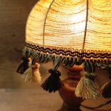 Wood bedside lamp with dome shade in granny chic style.