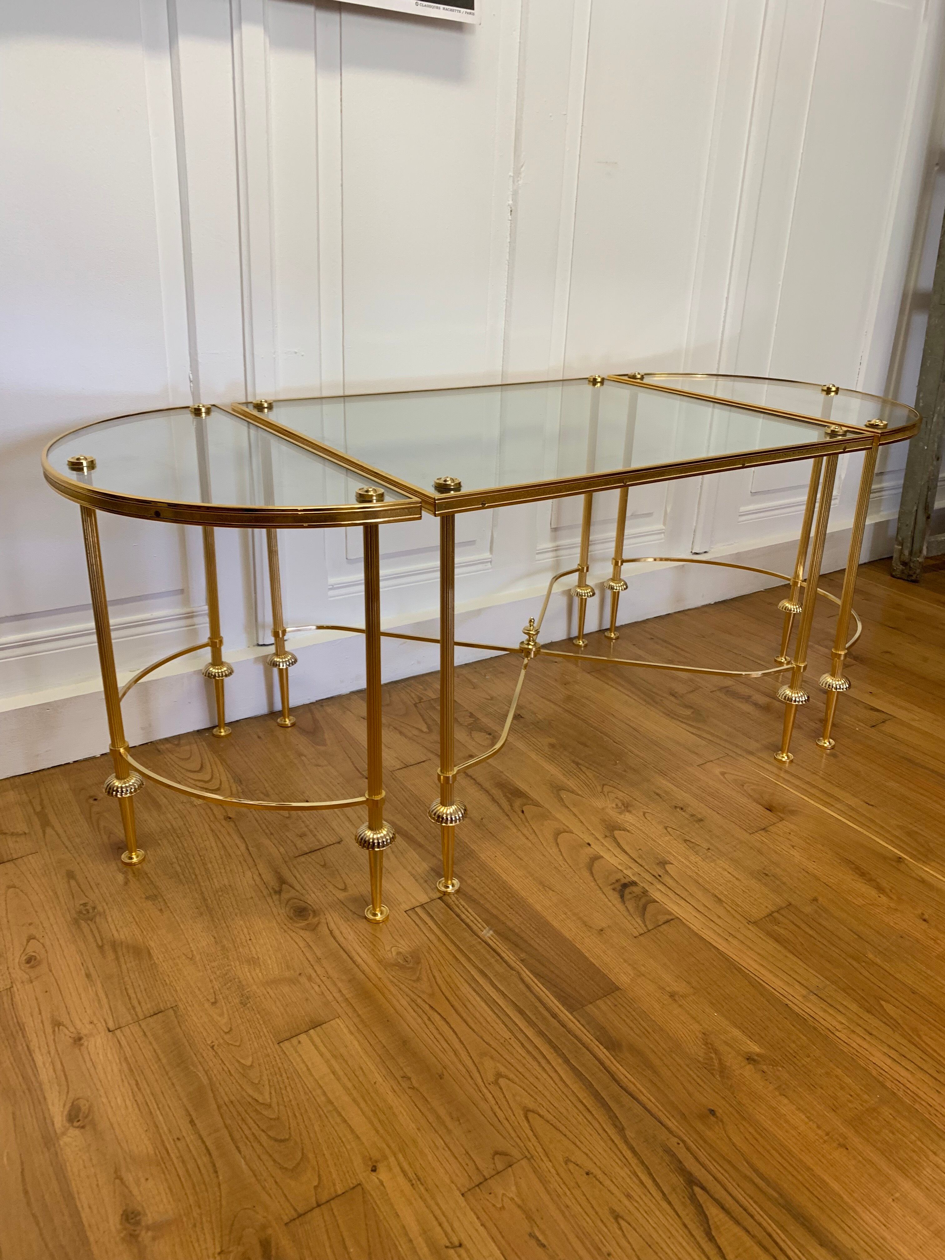 Tripartite brass and glass coffee table