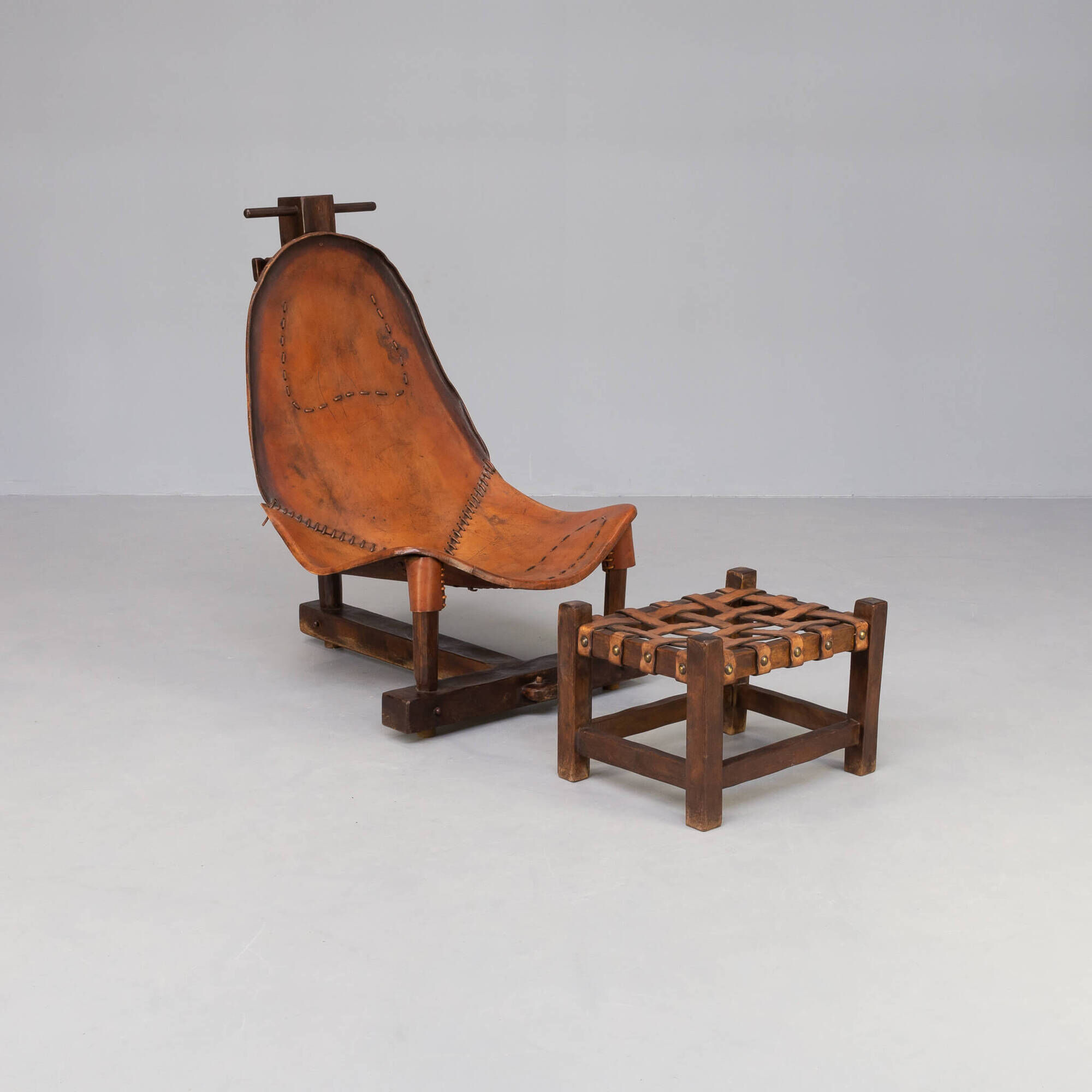 60s Brazilian brutalist patchwork leather lounge fauteuil with hocker
