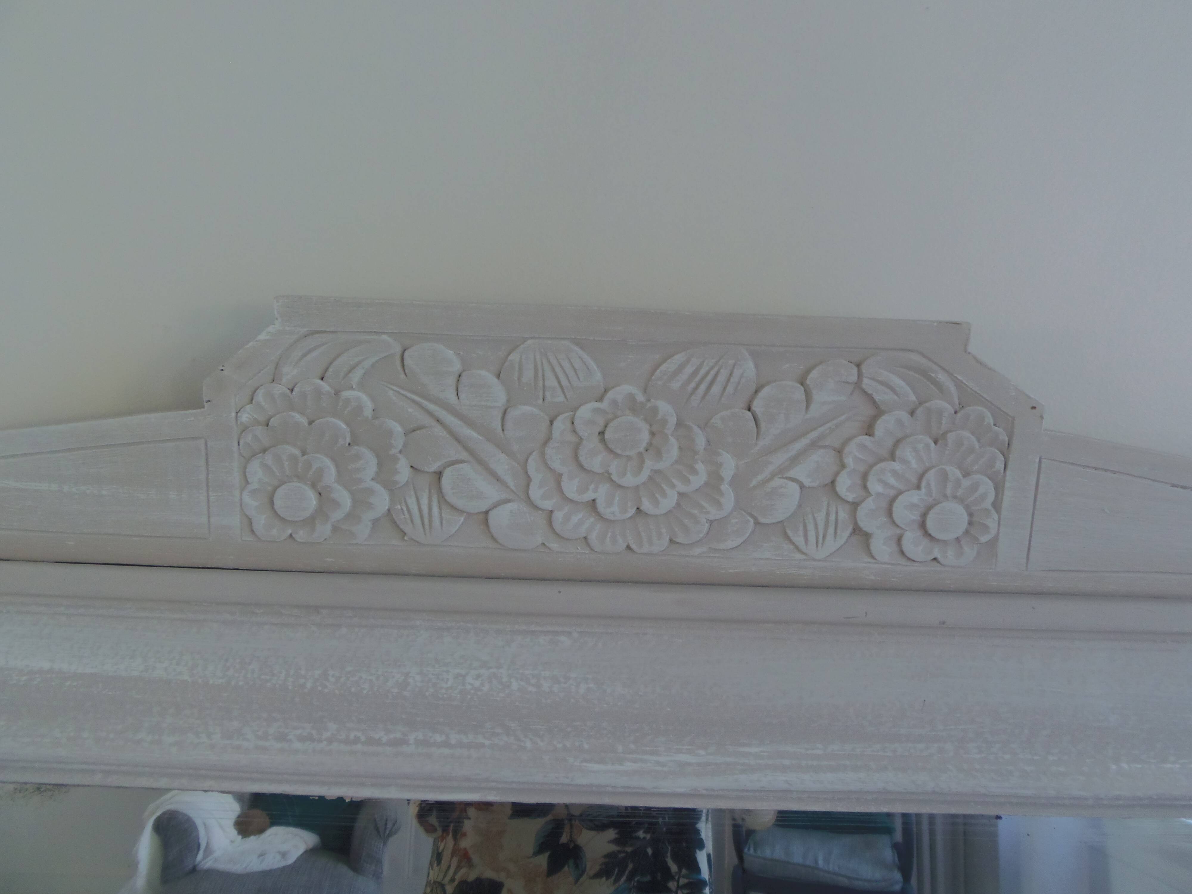 Antique trumeau mirror with pearl grey and powdered white patina
