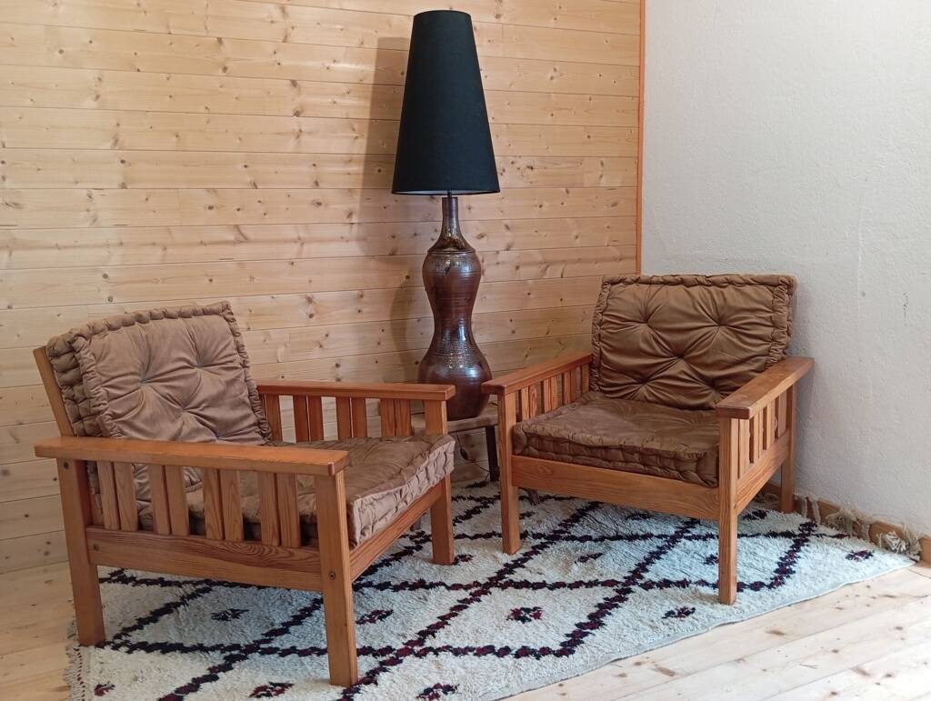 Pair of 70s pine armchairs