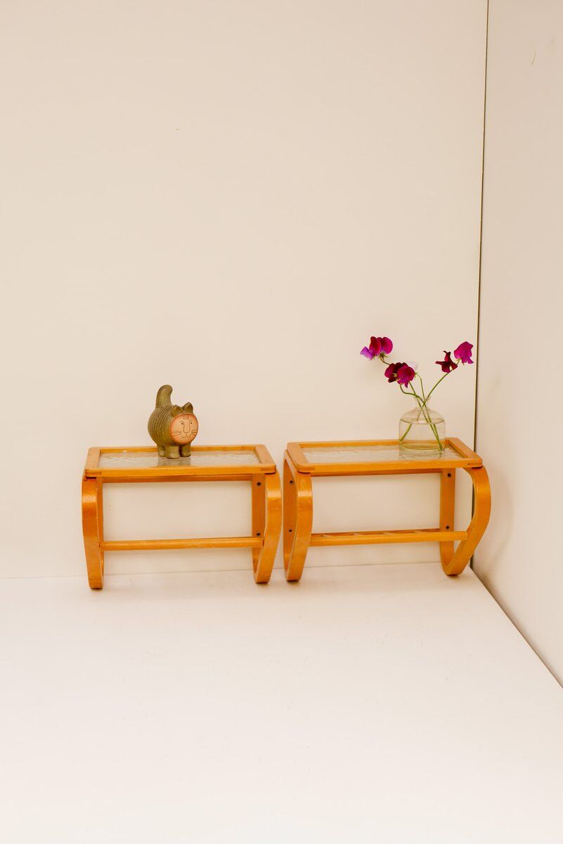 Scandinavian bentwood and glass bedside tables from Gemla, 1920s, set of 2