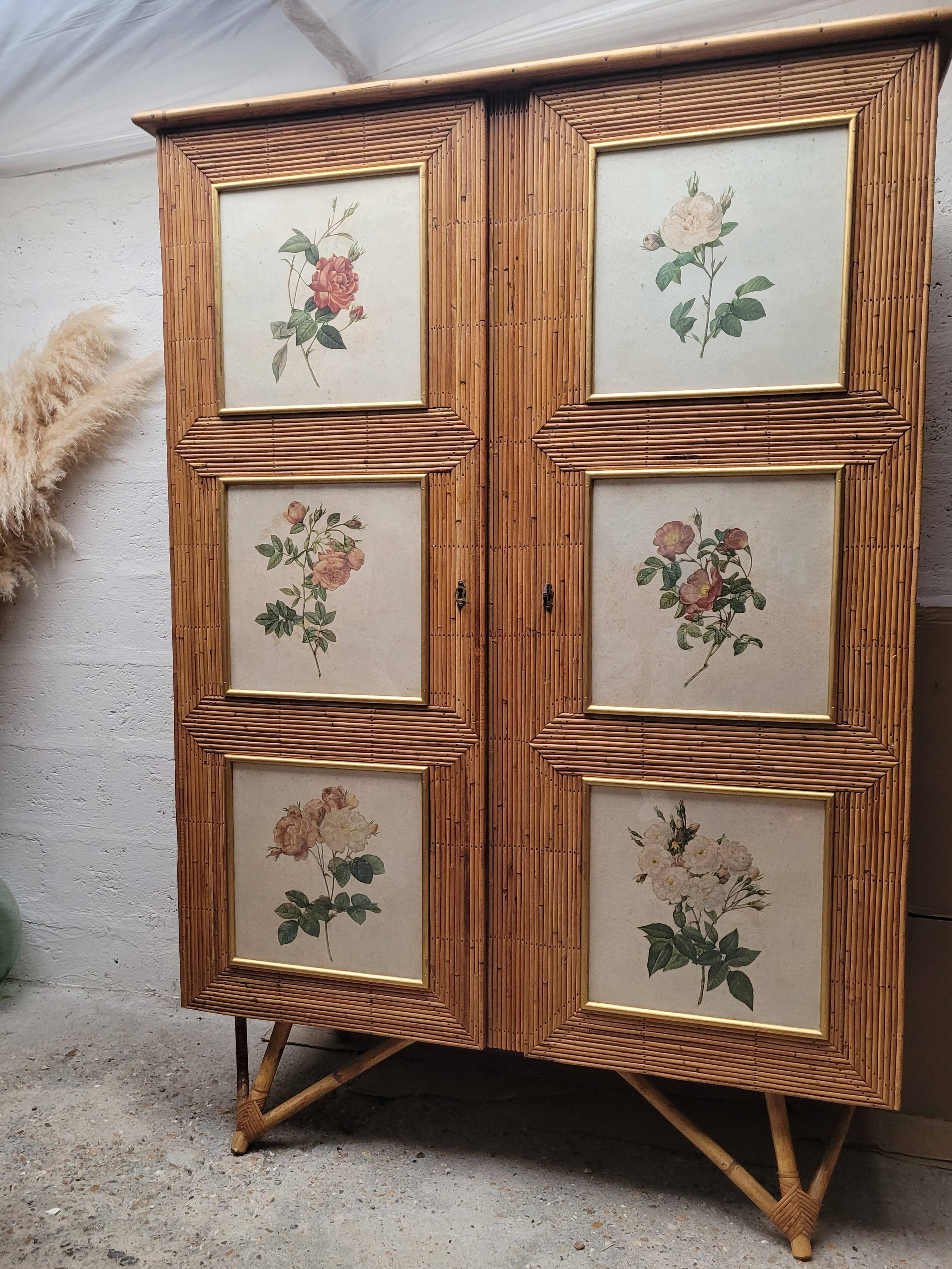 Vintage 1960s split bamboo and rattan wardrobe