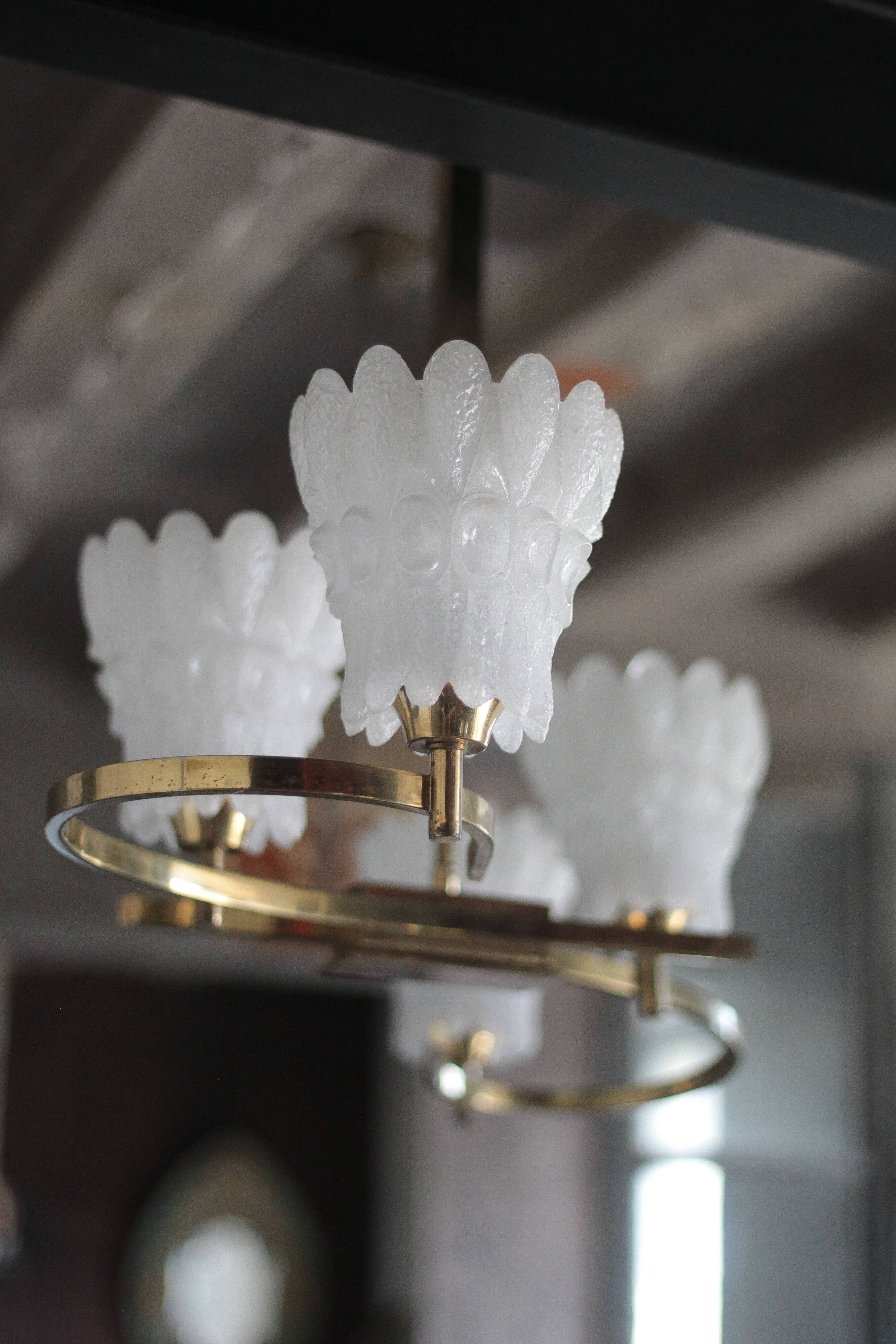 Vintage brass suspension with thick milk glass globe, brass chandelier.