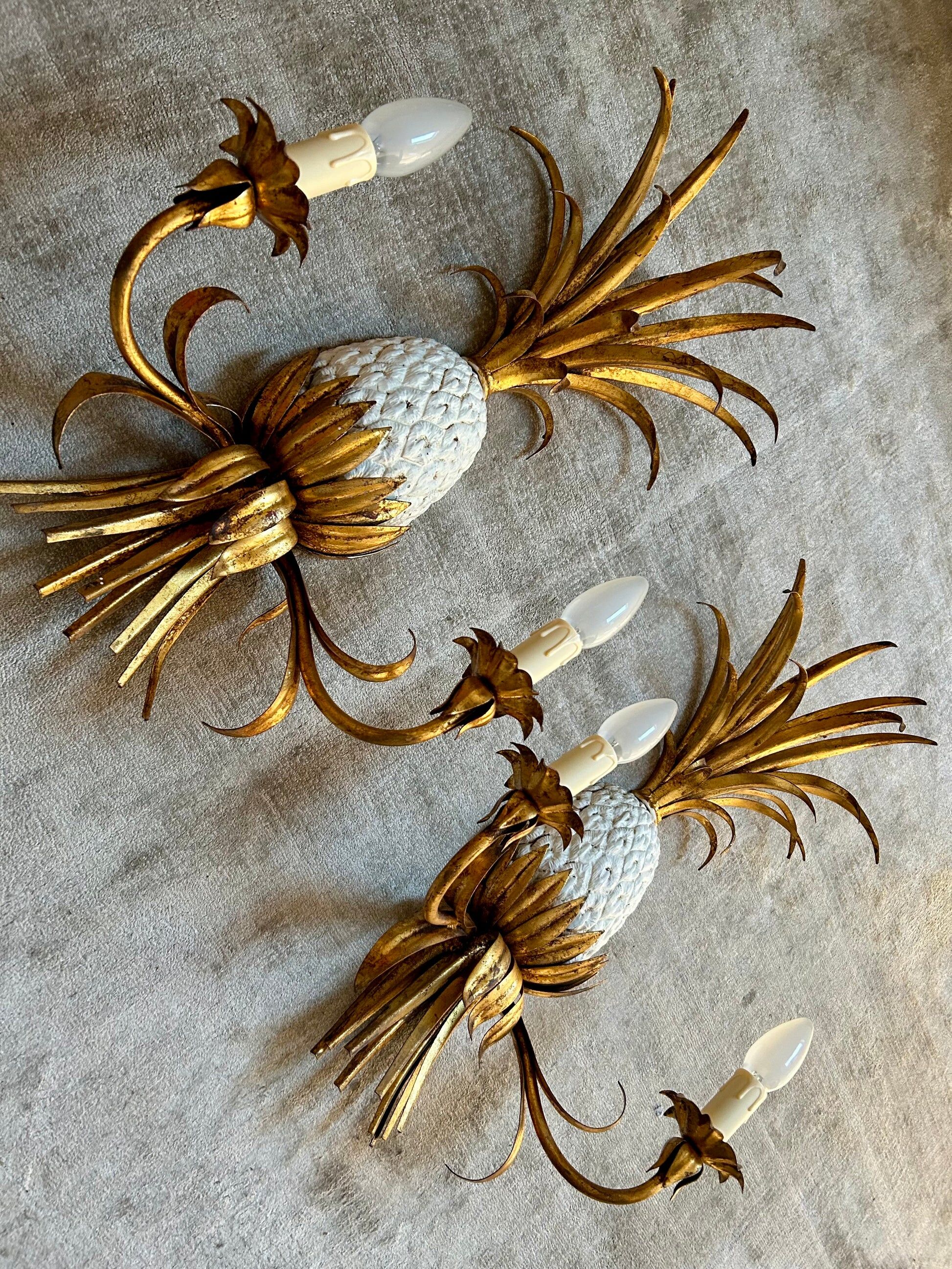 Pair of pineapple wall lights, in the style of Maison Charles / Jansen, 1960s, Hollywood Regency.