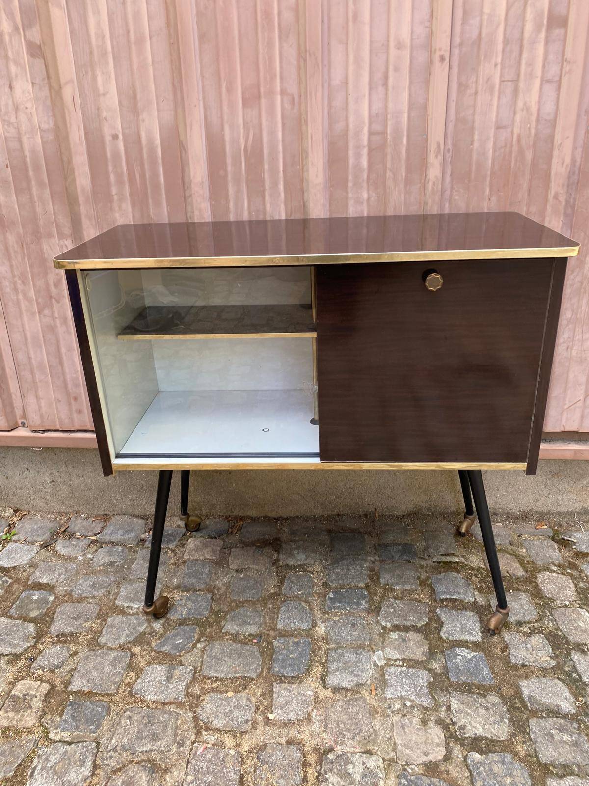 Mid-Century Modern bar cabinet 1960s with compass legs & brass