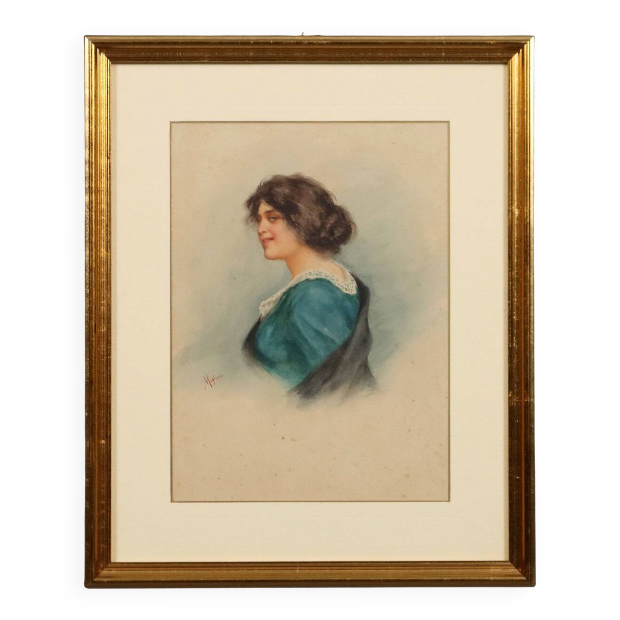 Modern painting, female portrait signed V. Migliaro, watercolour 800
