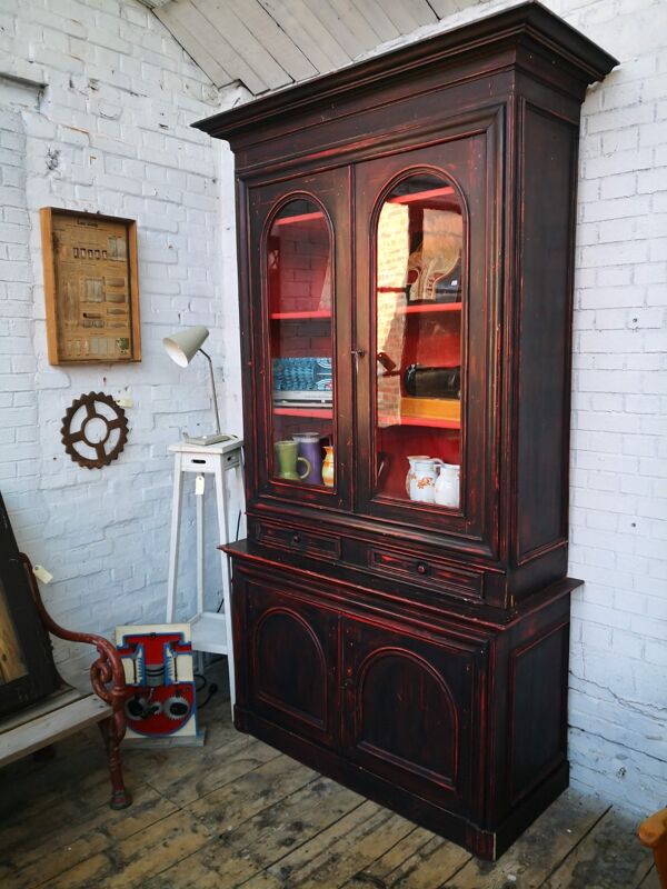 Buffet vitrine 2 corps vintage, vaisselier de ferme