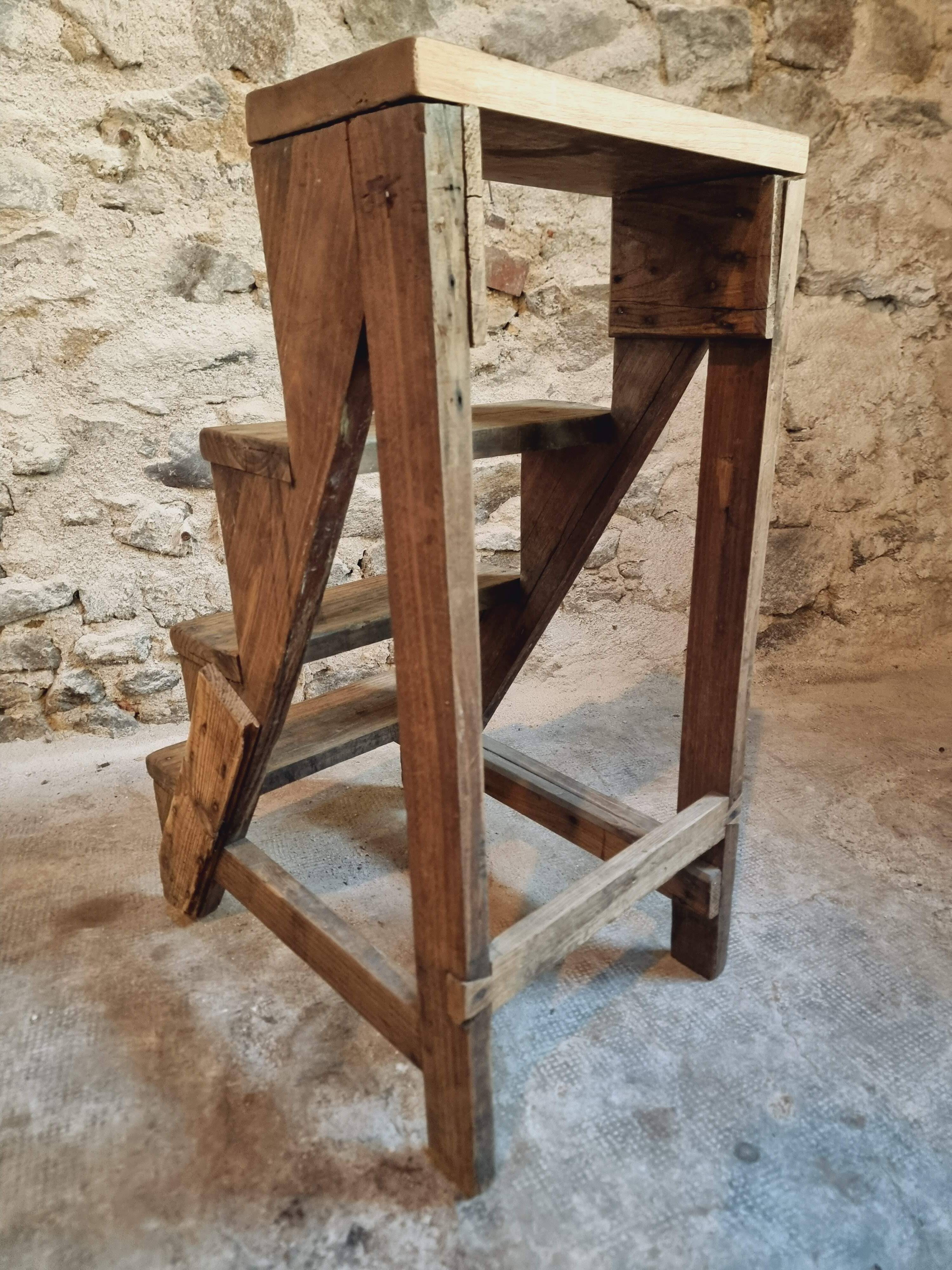 Antique chestnut wood workshop stepladder – France, early 1900s