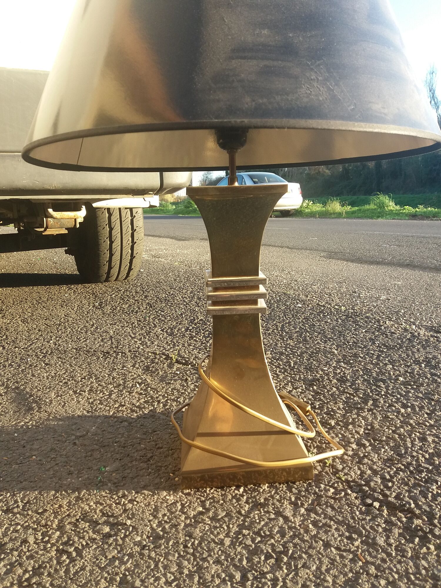 Lamp in bronze and chrome around 1970 with its Lampshade of origin
