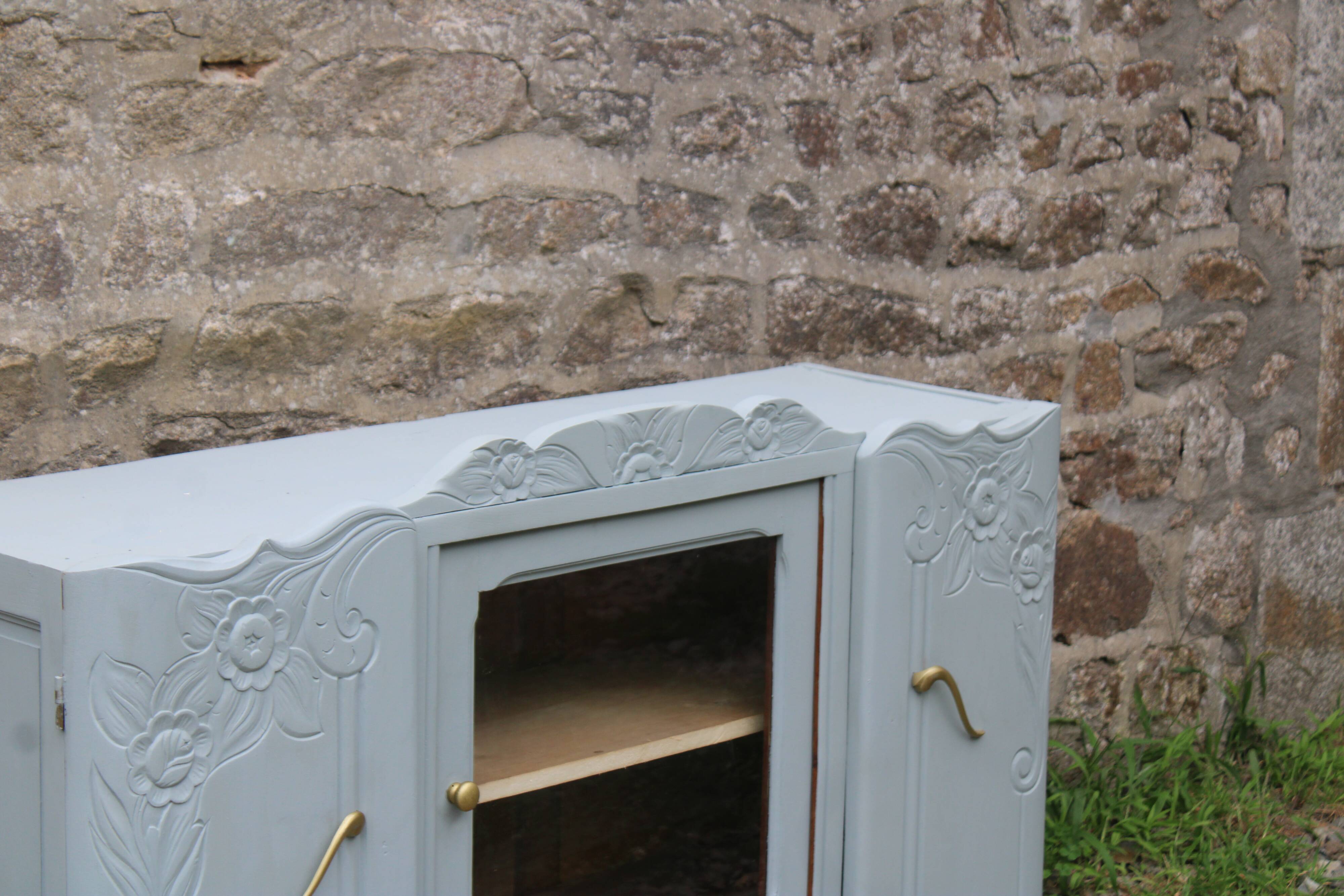 Renovated vintage low sideboard - Unique piece of furniture with floral moldings
