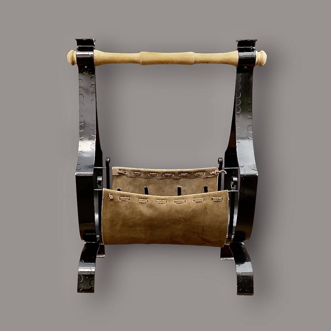 Antique wrought iron, wood and suede magazine rack - 4.1 kg - 1950s