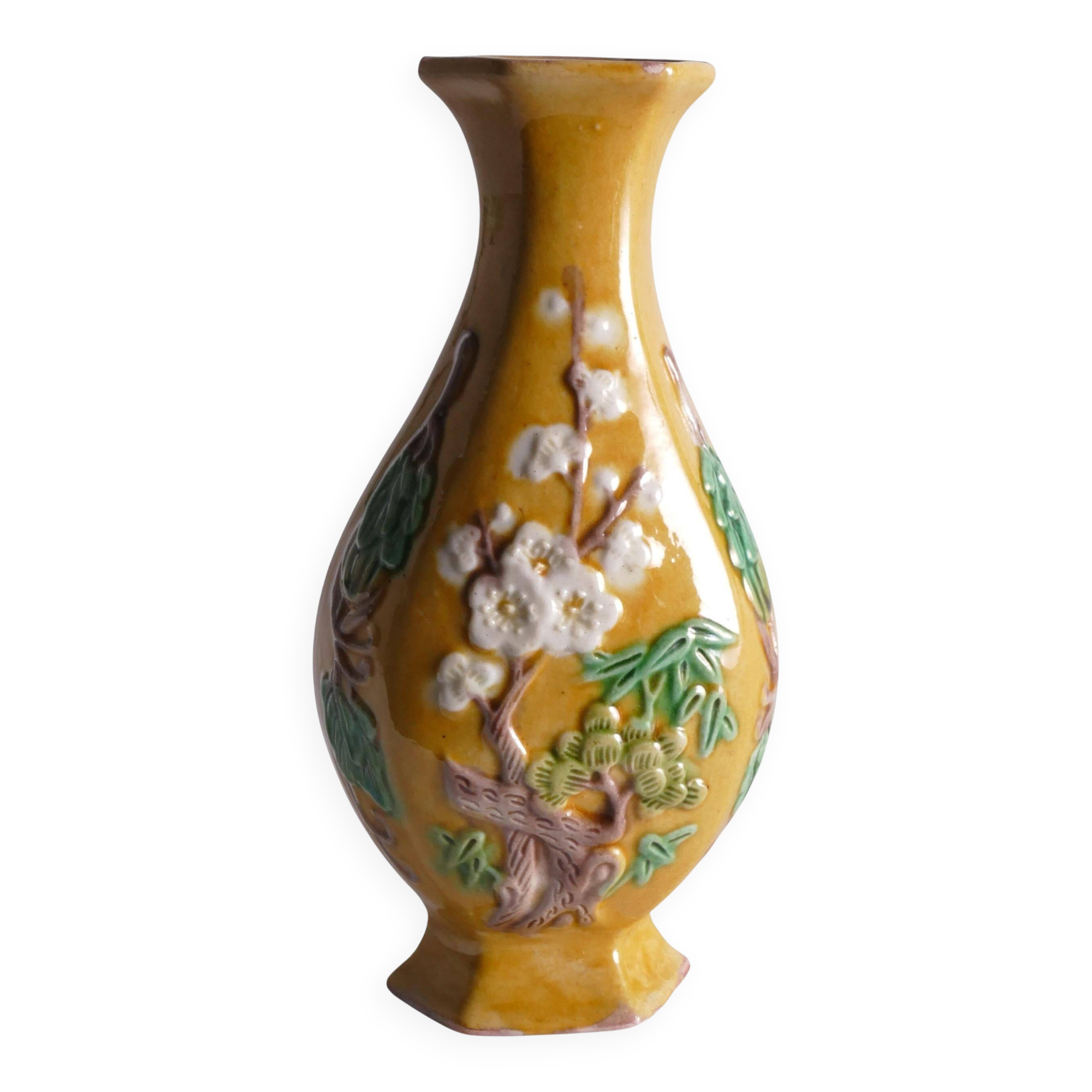 Chinese Yellow Glazed Hexagonal Relief Porcelain Vase with Prunus Motif