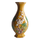 Chinese Yellow Glazed Hexagonal Relief Porcelain Vase with Prunus Motif