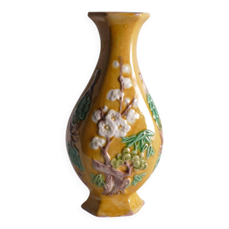 Chinese Yellow Glazed Hexagonal Relief Porcelain Vase with Prunus Motif