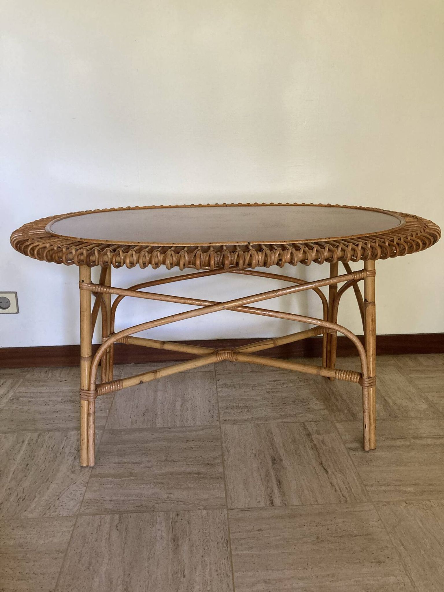 Vintage sun rattan oval coffee table