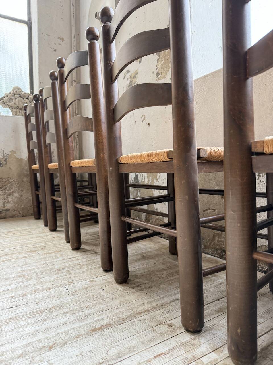 Straw chairs oak 1940s Dudouyt