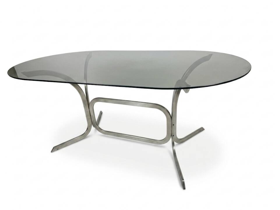 Silver metal table with smoked glass top from the 1970s.
