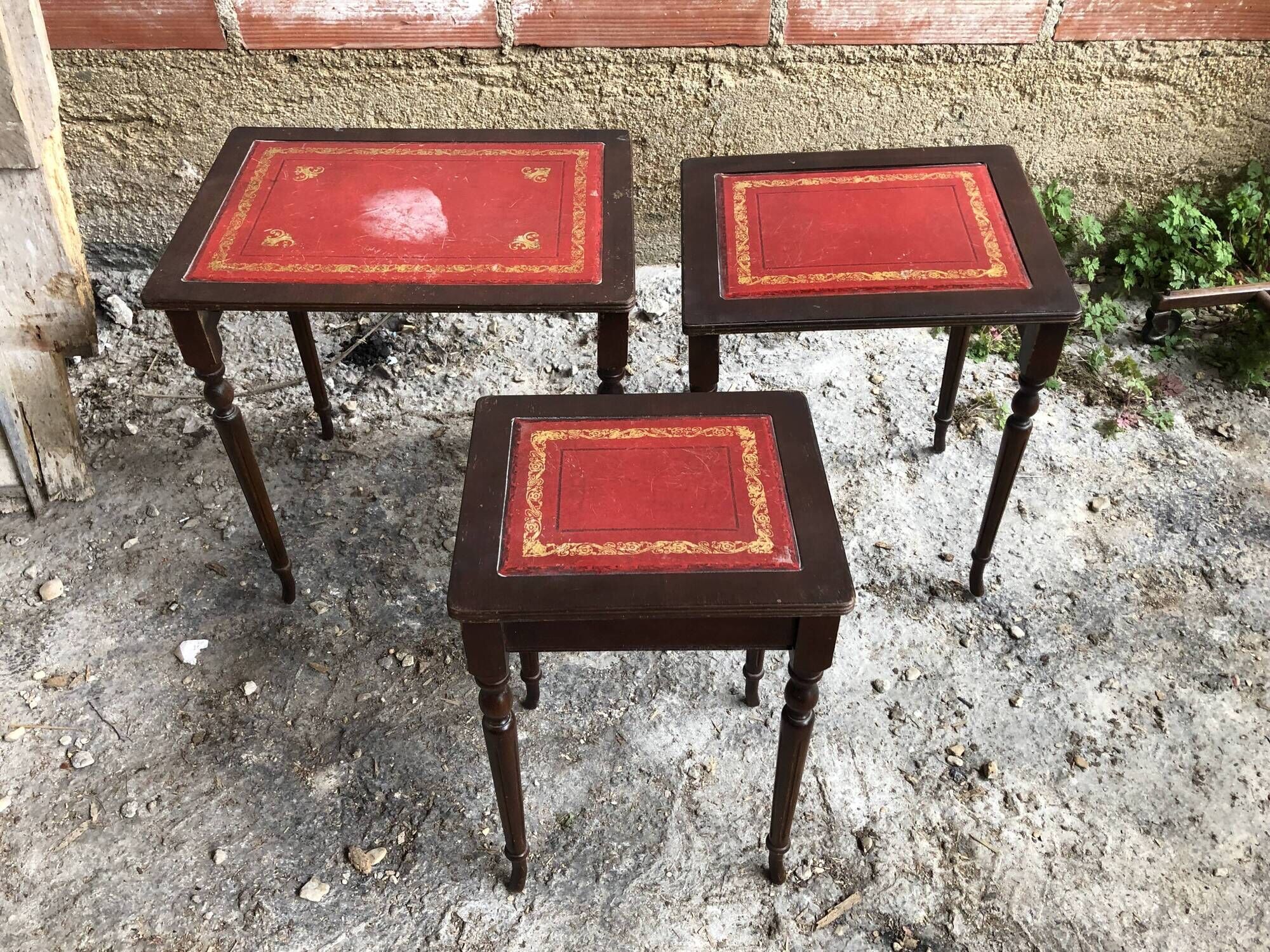 Series 3 Tables Trundles Wood Bent Feet + Top Embossed Leather Vintage Red