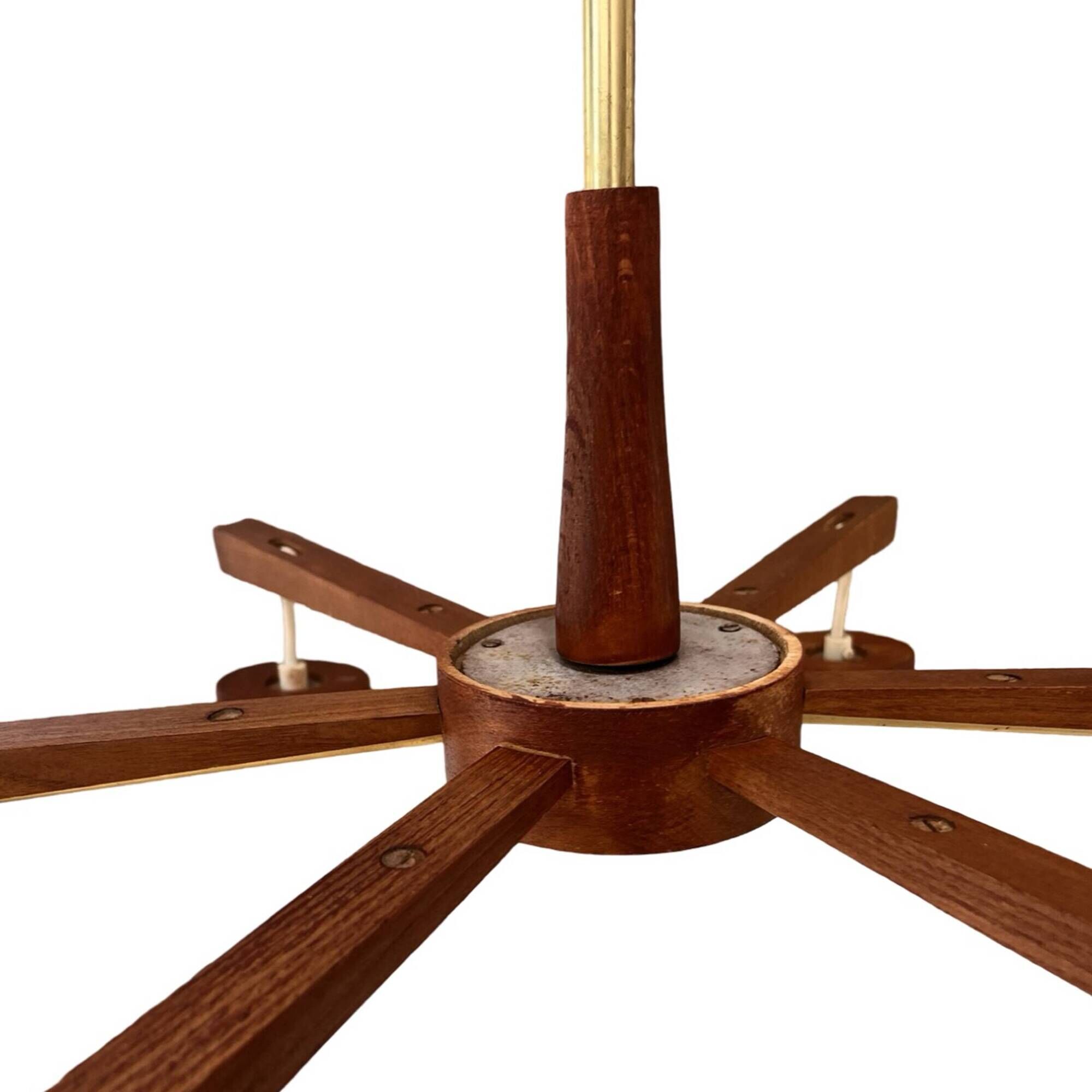 Scandinavian six-arm chandelier made of teak wood, Denmark, 1970s.