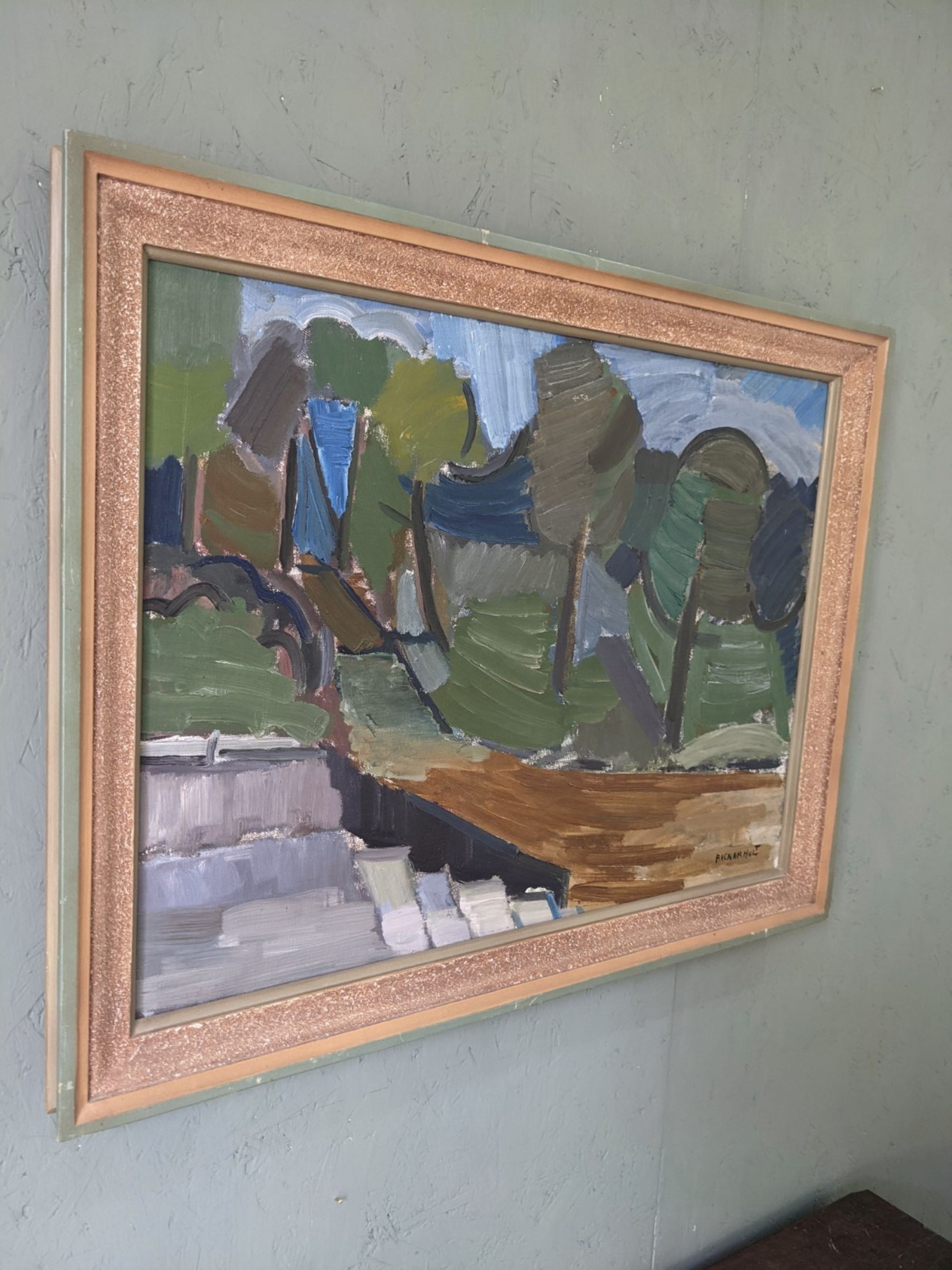 Mid-Century Modern Swedish Oil Painting "Green Park" Vintage Framed Landscape