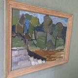 Mid-Century Modern Swedish Oil Painting "Green Park" Vintage Framed Landscape