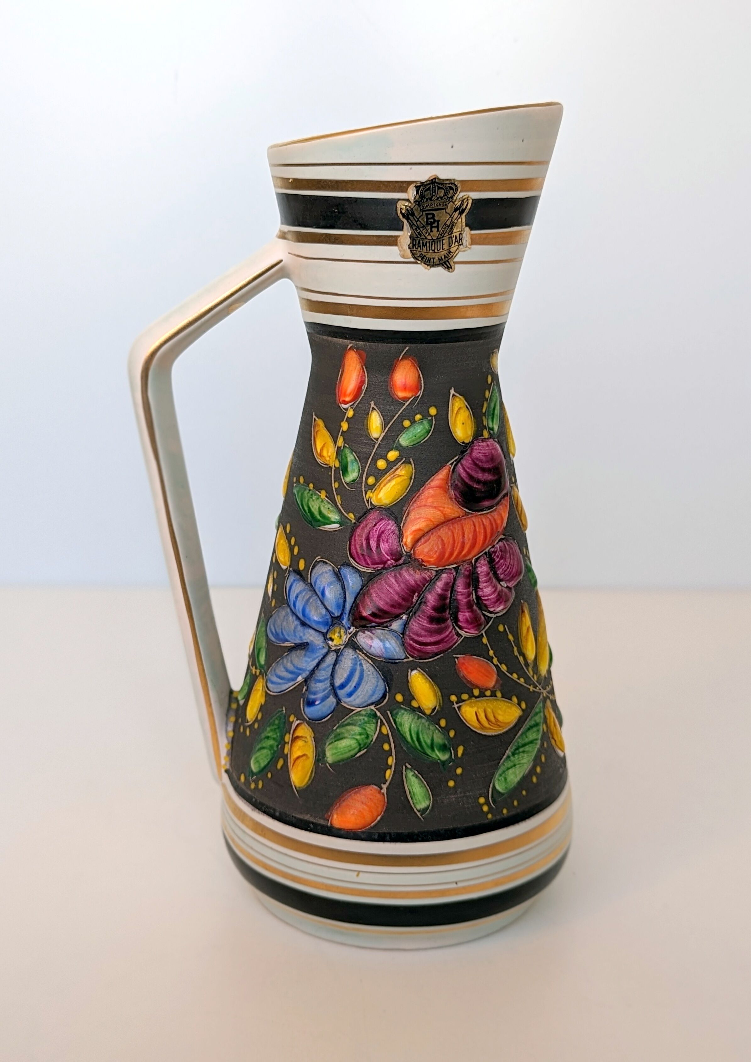 Vintage Henri Bequet Quaregnon hand painted ceramic vase (Belgium pottery 1960)