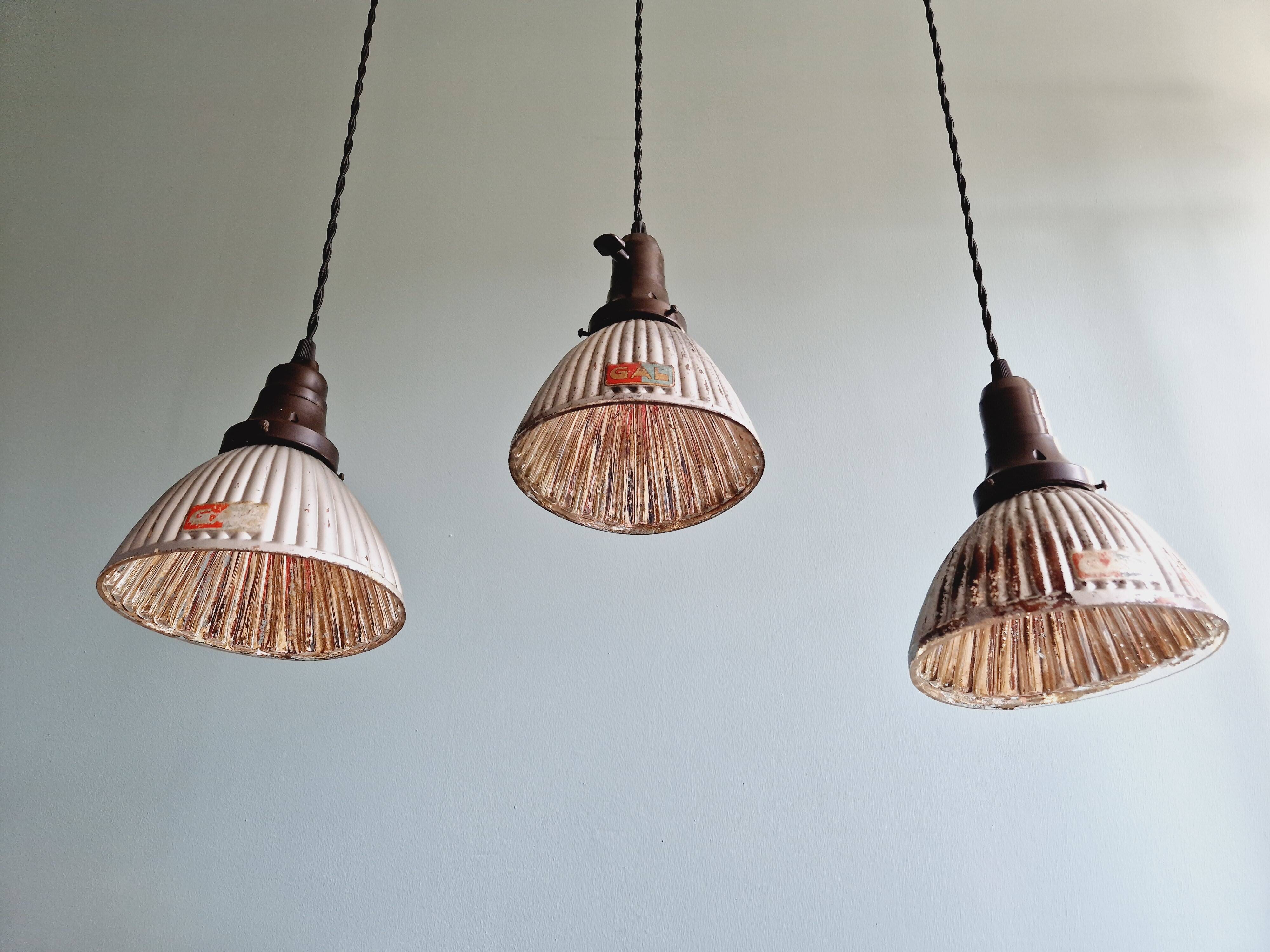 Set of 3 industrial mercury glass pendant lights, GAL (France), 1930s