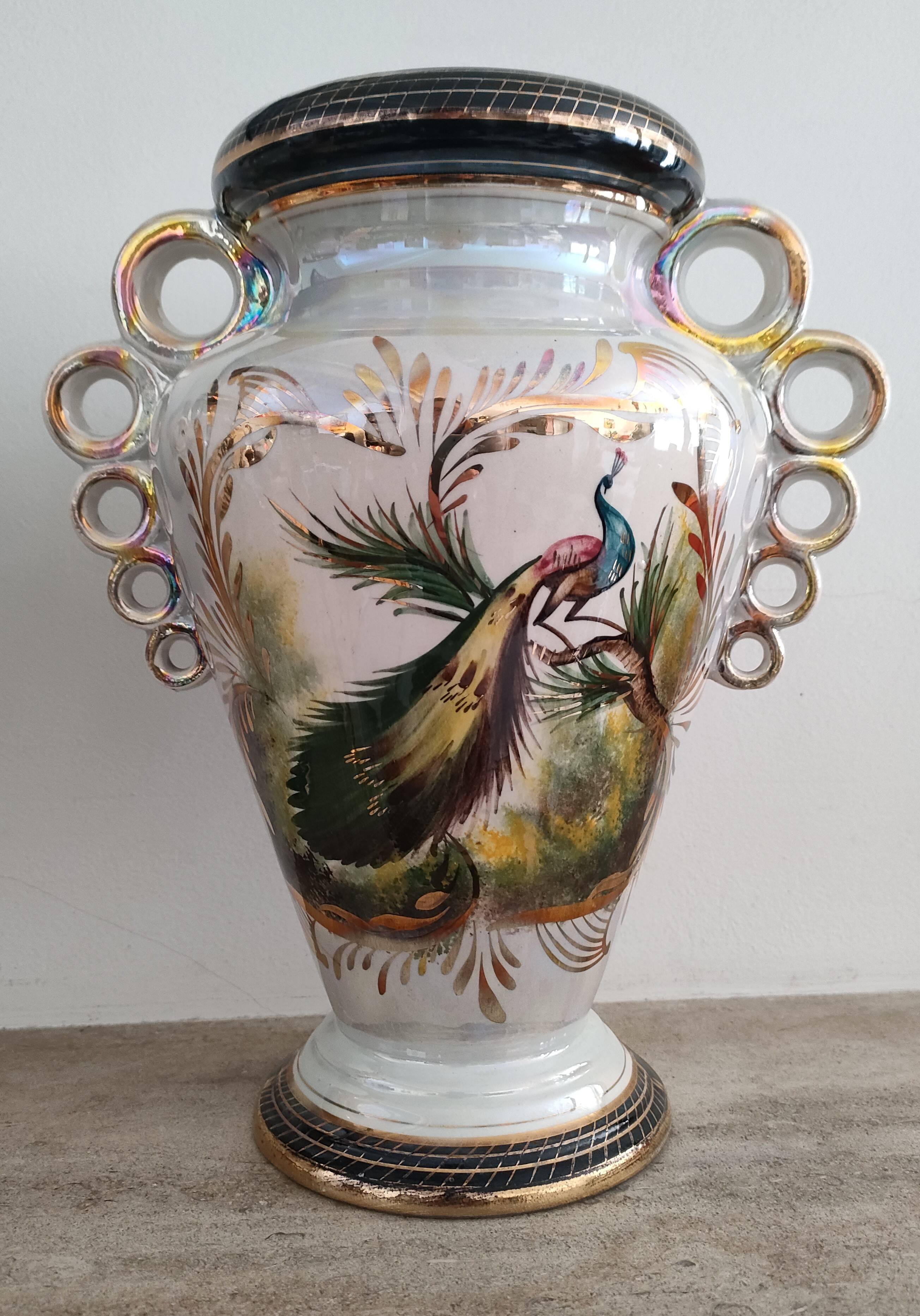 Pair of peacock vases by Hubert Bequet - Pearly ceramic - Belgium - 60s