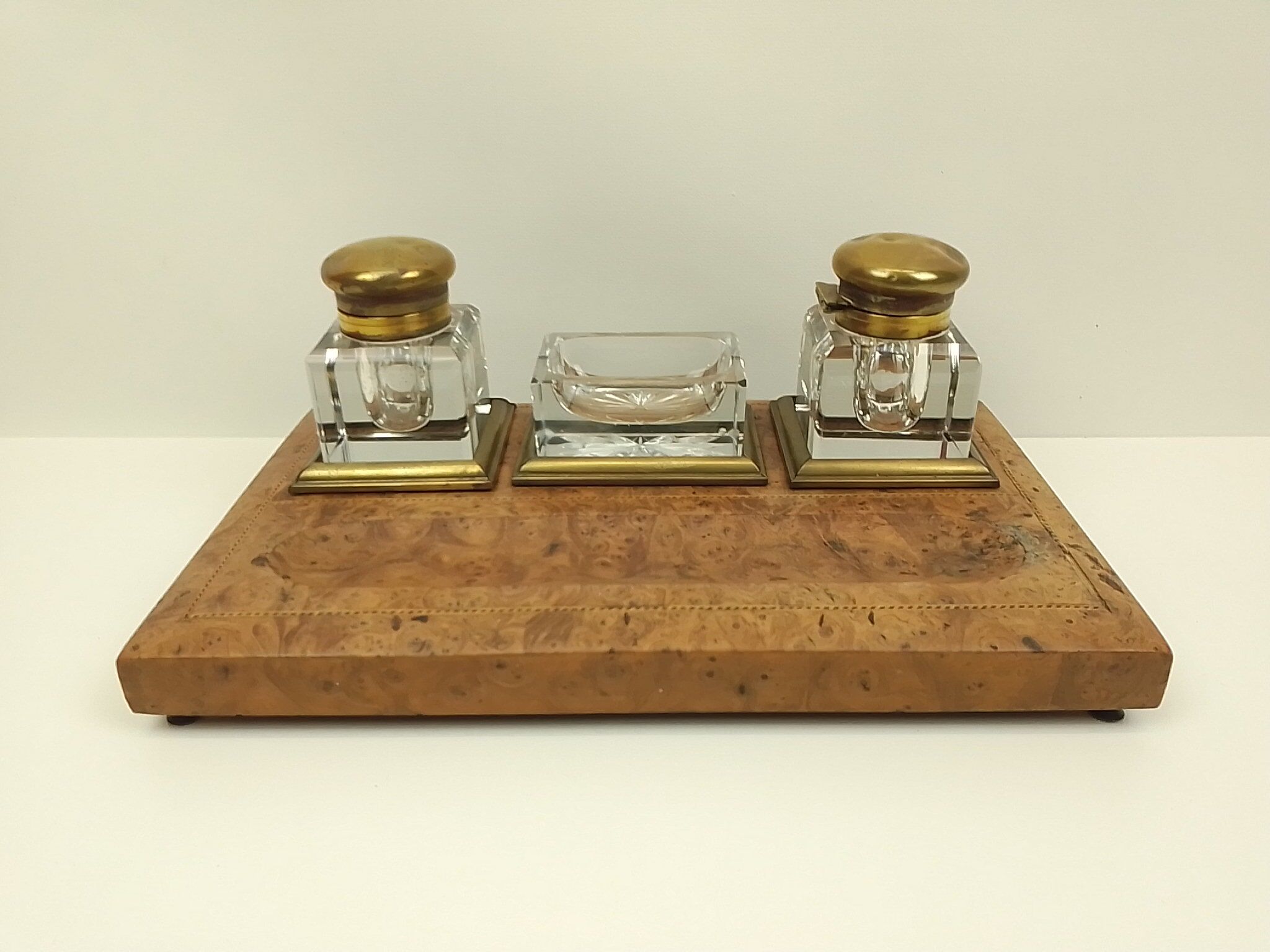 Old wooden office inkwell set and glass and brass accessories
