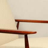 Scandinavian style set lounge chair and ottoman footrest in boucle fabric natural dark wood Mid Cent